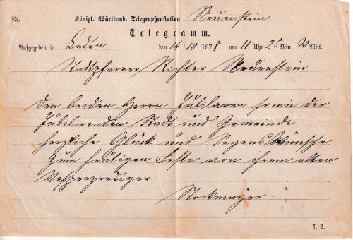 Württemberg - Neuenstein Telegramm aus Baden 1878 Teilvordruck