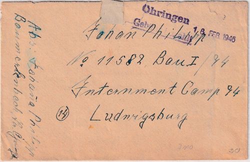 All.Bes. - Öhringen Not-L1 u Dat-L1 18. FEB 1946 Gebühr bezahlt Interniertenpost