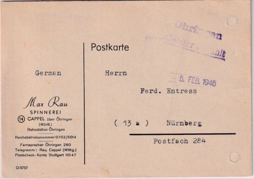 All.Bes. - Öhringen Not-L1 u Dat-L1 5. FEB 1946 Gebühr bezahlt Firmenkarte
