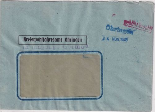 All.Bes. - Öhringen Not-L1 u Dat-L1 24. NOV 1945 Gebühr bezahlt Brief