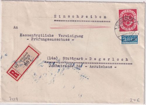 BRD - 80 Pfg. Posthorn Einschreibebrief Dörzbach - Stuttgart 1954