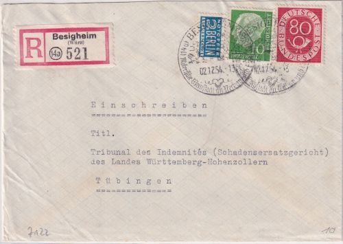 BRD - 80+10 Pfg. Posthorn/Heuss Einschreibebrief Besigheim - Tübingen 1954