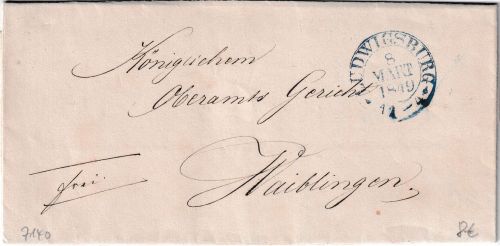 Württemberg - Ludwigsburg8. MART 1849 blauer K2 Francobrief n. Waiblingen