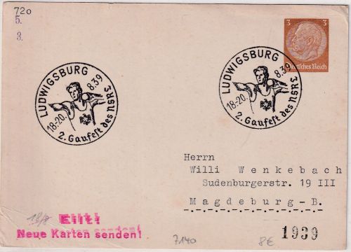 DR - Ludwigsburg 2. Gaufest des NSRL 1939 SST 3 Pfg. Privatganzsache