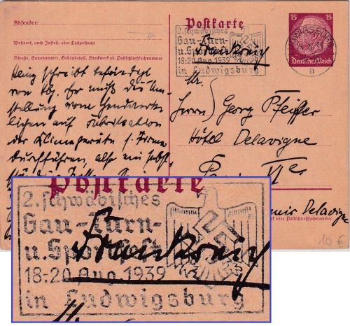 DR - Ludwigsburg 2. schwäb. Gau-Turn- u. Sportfest Masch.werbestpl. 1939