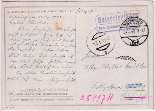 DR - Unterriexingen ü. Vaihingen Landpost-Ra2 Feldpostkarte/Irrläufer