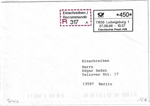 BRD - ABAS Versuch 450 Pfg. Einschreibebrief Ludwigsburg - Berlin 7.8.96
