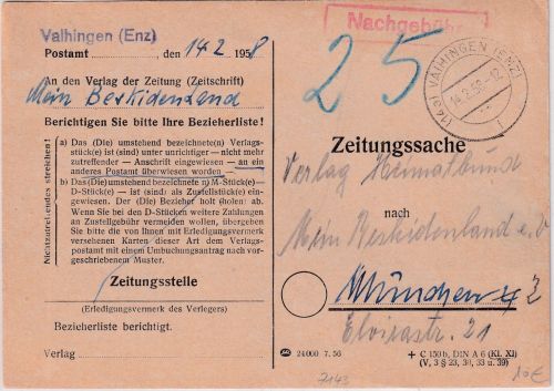 BRD - Vaihingen (Enz) 1958 Zeitungssache/Karte n. München 25 Pfg. Nachporto