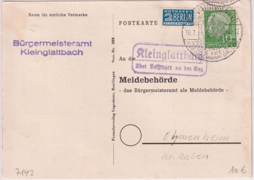 BRD - Kleinglattbach ü. Vaihingen a.d. Enz Landpost-Ra2 Karte n. Ohmenheim 1954
