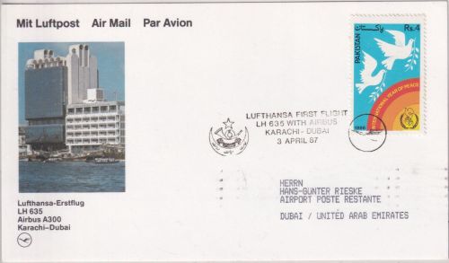 Pakistan - 4 R. Int. Jahr d. Friedens Lufthansa-Erstflug Karachi - Dubai 1987