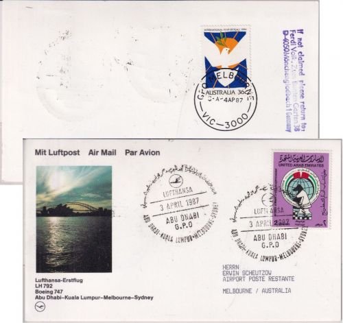 UAE - 2 Dh. Jugend-Schach-WM Lufthansa-Erstflug Abu Dhabi - Melbourne 1987