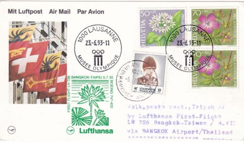 Schweiz - Lufthansa Erstflug Bangkok Taipeh Zuleitungspost 1993