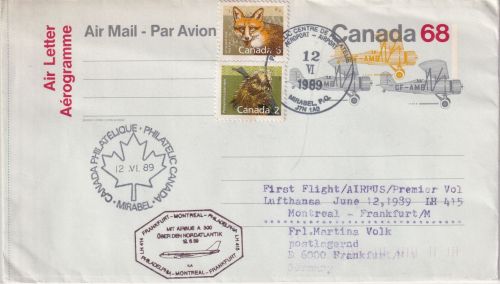 Canada - 68 C. Aerogramme/Ganzsache+Zusatz LH-Erstflug Montreal - FFM 1989
