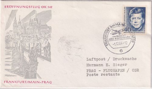 BRD - CSA Probeerstflug Frankfurt a/M. - Prag 1.12.1964 priv. Schmuckkuvert