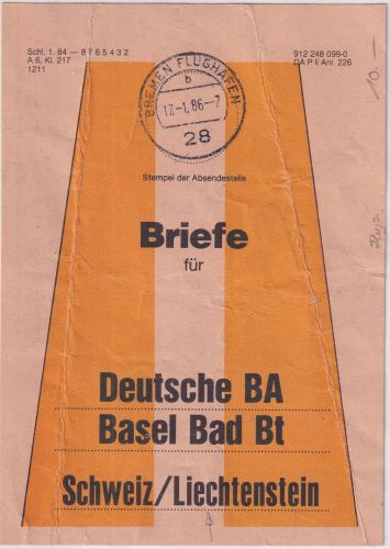BRD - Bremen-Flughafen 1986 Beutelfahne f. Briefe Schweiz/Liechtenstein