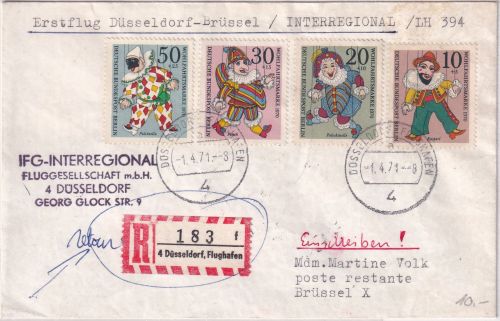 BRD - IFG-Interregional Erstflug Düsseldorf-Brüssel Einschreibebrief 1971