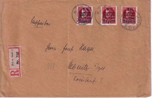 Bayern - 2x15+10 Pfg. Ludwig/Kriegsbeschädigte Einschreiebbrief Hof a/S. 1919