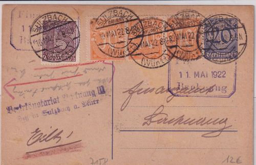 DR-Infla - 20 Pfg. Dienstganzsache + Zusatz Sulzbach (Württ.) - Backnang 1922