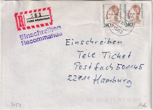 BRD - 2x240 Pfg. Frauen Einschreibebrief Affalterbach - Hamburg 1995