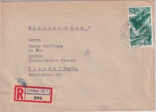 FZ/Württemberg - 84 Pfg. Freimarke Einschreibebrief Lindau - Plauen 1947