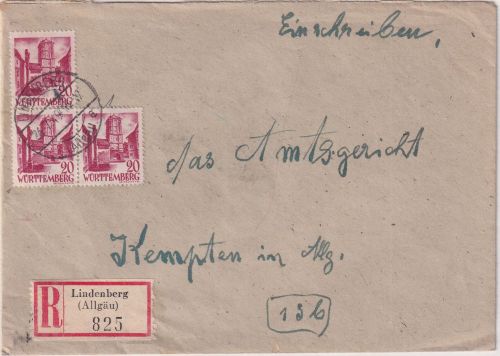 FZ/Württemberg - 3x20 Pfg. Freimarke Einschreibebrief Lindenberg - Kempten 1949