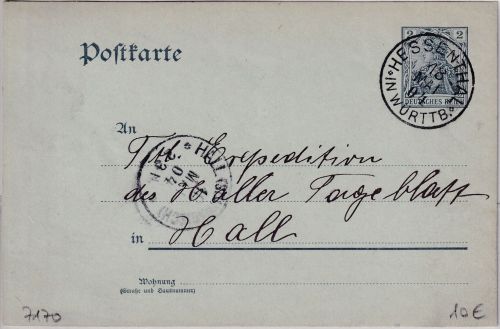 DR - Hessenthal in Württb. 1904 K1 2 Pfg. Germania Ganzsache/Oberamtsverkehr