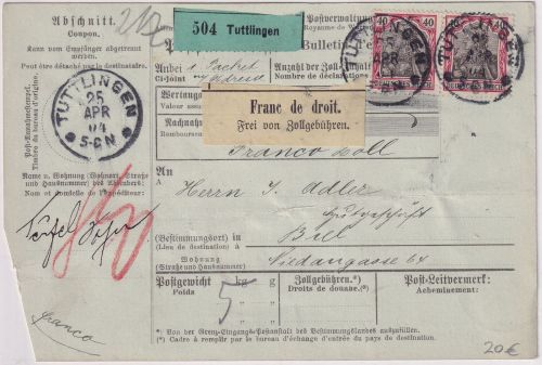 DR - 2x40 Germania o.Wz. Paketkarte i.d. SCHWEIZ Tuttlingen - Biel 1904