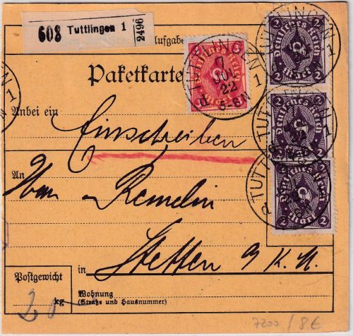 DR-Infla - 3x2+3 M. Posthorn Paketkarte Tuttlingen - Stetten 1922