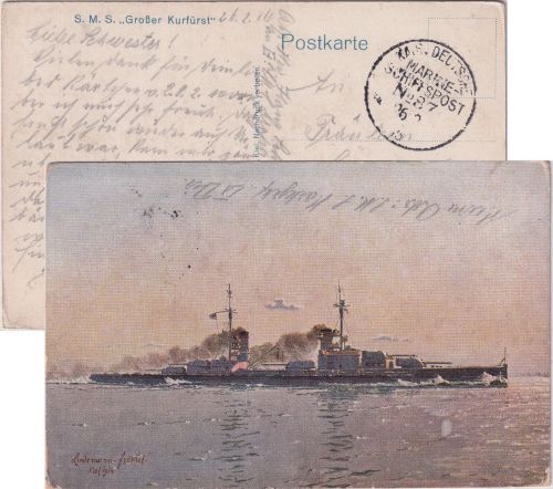 DR - Marineschiffspost No. 87 (SMS Gr. Kurfürst) Schiffs-AK n. Chemnitz 1916