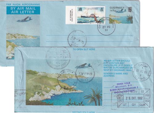 Guernsey - 14 1/2 P. Aerogramme + Zusatz Zuleitungspost LH-Erstflug 1992