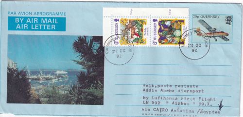 Guernsey - 20 P. Aerogramme + Zusatz Zuleitungspost LH-Erstflug 1992