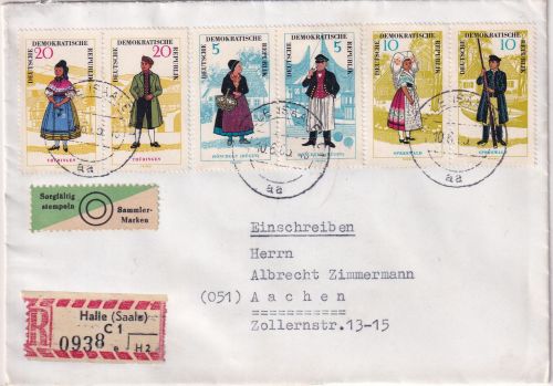 DDR - Volkstrachten I 3 Zusammendrucke Einschreibebrief Halle - Aachen 1965