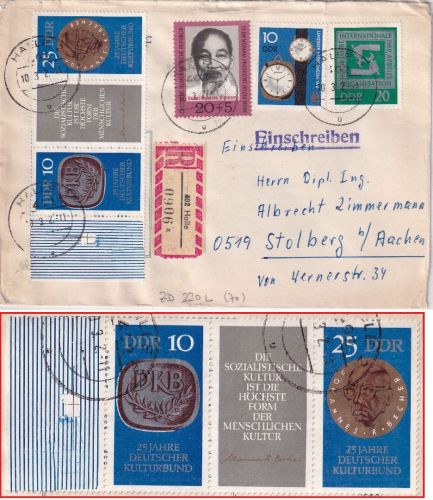 DDR - 25 J. Kulturbund Zusammendruck+Leerfeld u.a. Einschreibebrief Halle 1972