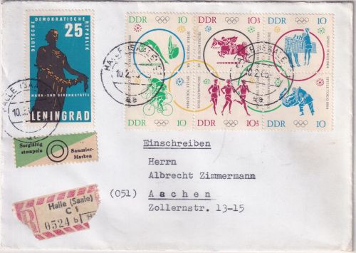DDR - Olympiade Tokio II 6er-Block u.a. Einschreibebrief Halle - Aachen 1965