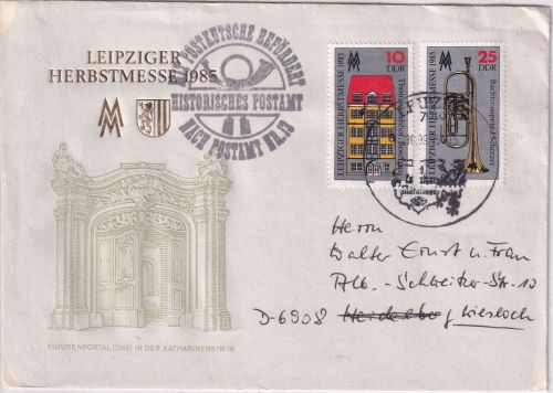 DDR - "Mit Postkutsche befördert" Leipzig Messe Schmuckkuvert 1985