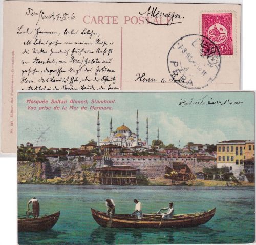 Türkei - 20 Pa. Freimarke Ansichtskarte Moschee Sultan Ahmed Pera Elberfeld 1910
