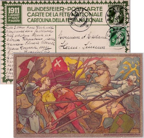 Schweiz - Bundesfeier 1911 5 C. Ganzsache+Zusatz Bevaix 1.8.11 ERSTTAG