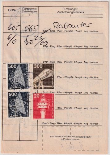 BRD - 2x500+300+20 Pfg. I&T Paketzustelliste Poststelle II Gottfrieding 1985