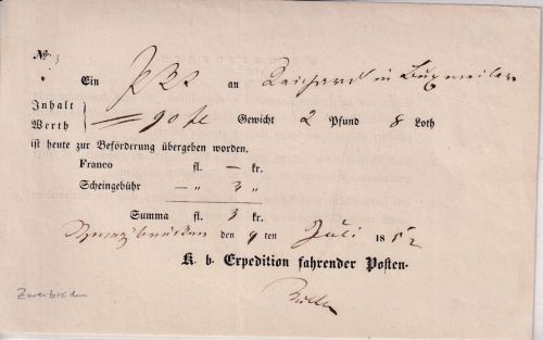 Bayern - Zweibrücken 1852 Fahrpostaufgabeschein f. Paket n. FRANKREICH