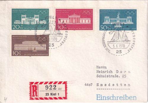 BRD - Olympiade München 1972/Gebäude Einschreibebrief/FDC ESST Kiel 5.6.70