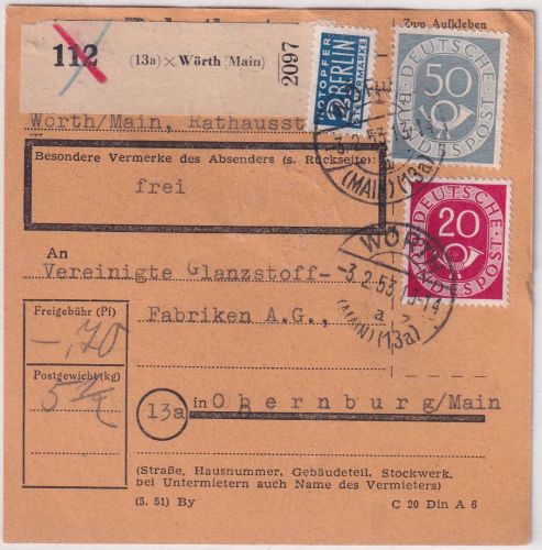 BRD - Wörth (Main) (13a) 3.2.53 Paketkarte n. Obernburg