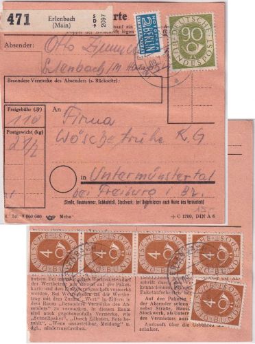 BRD - 90+5x4 Pfg. Posthorn Paketkarte Erlbach - Untermünstertal 1954
