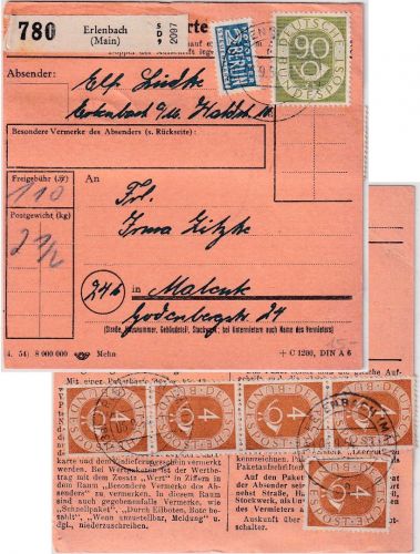 BRD - 90+5x4 Pfg. Posthorn Paketkarte Erlbach - Malente 1954