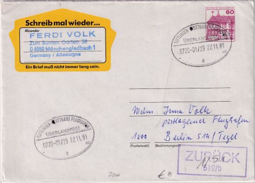 BRD - Tuttlingen Stuttgart Flughafen Überlandpost 0720-01/29 60 Pfg. Ganzsache