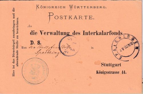 Württemberg - Spaichingen 1880 Dienstpostkarte/Teilvordruck n. Stuttgart