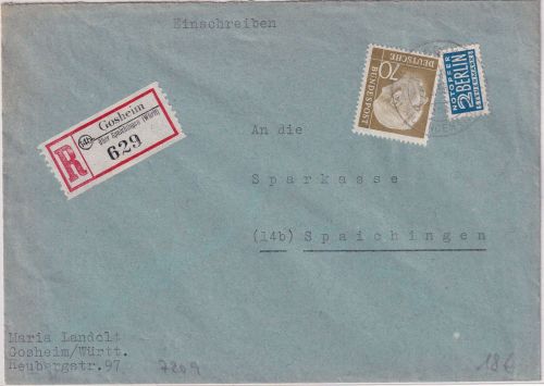 BRD - Gosheim ü. Spaichingen Poststelle I Einschreibebrief n. Spaichingen 1955