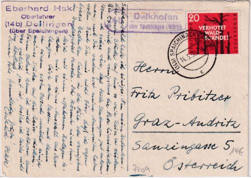 BRD - (14b) Delkofen ü. Spaichingen Landpoststelle Ra2 Karte n. ÖSTERREICH 1958