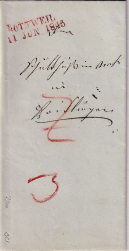 Württemberg - Rottweil 11 JUN 1843 roter L2 Portobrief n. Reutlingen