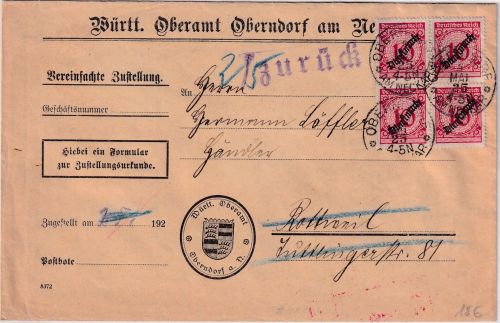 DR - 4x10 Pfg. Korbdeckel/Dienst Zustellurkunde Oberndorf - Rottweil 1925