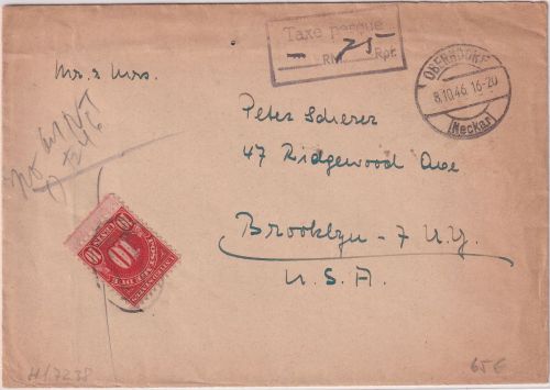 All.Bes. - Oberndorf 8.10.46 Ra2 Taxe percue Brief n. USA - 10 C. Nachportomarke